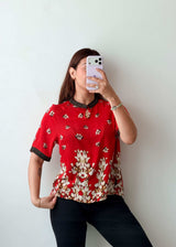 S-M Red Floral Mandarin Collar Top