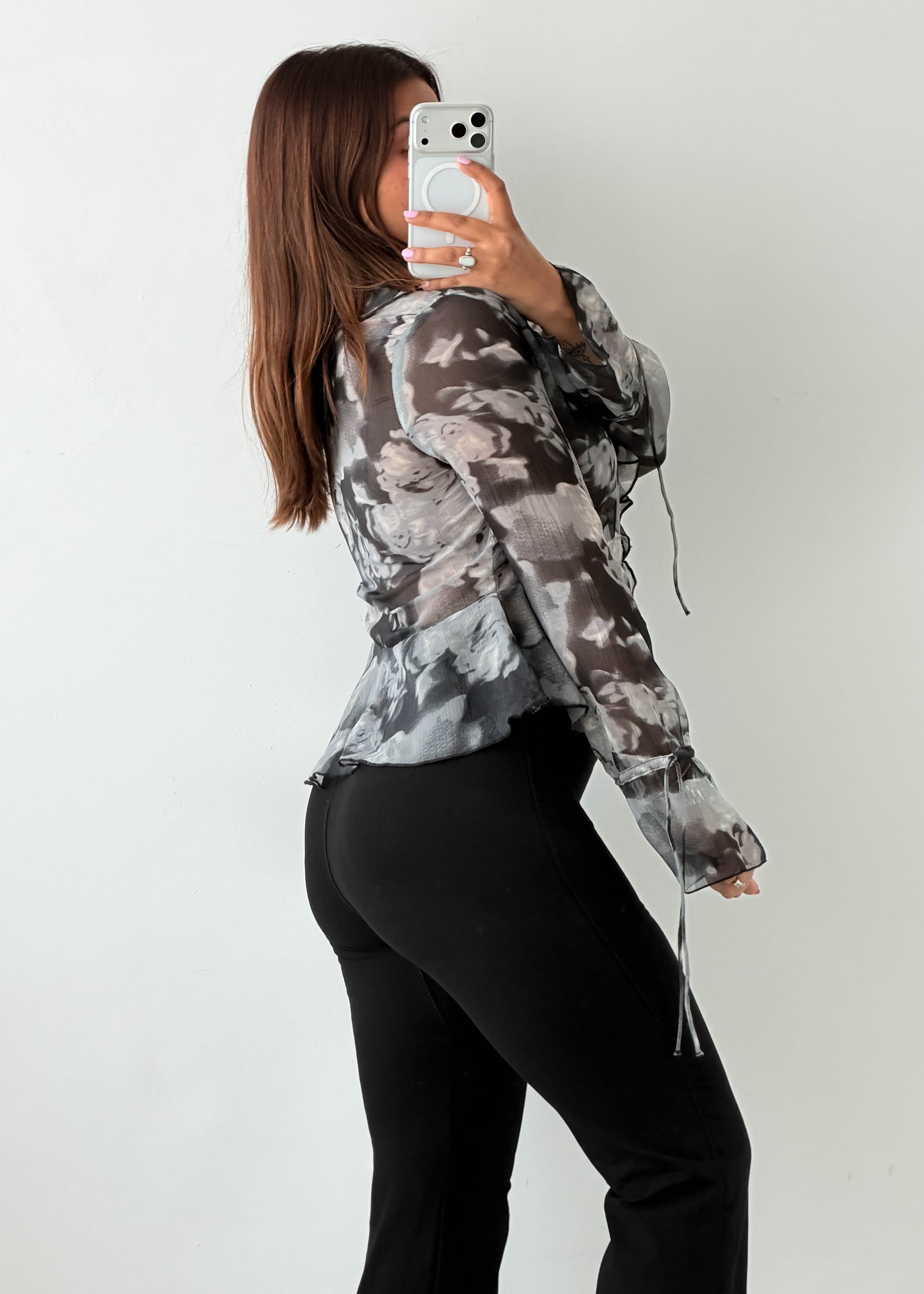 Size XS-S Grey Floral Ruffle Sheer Blouse