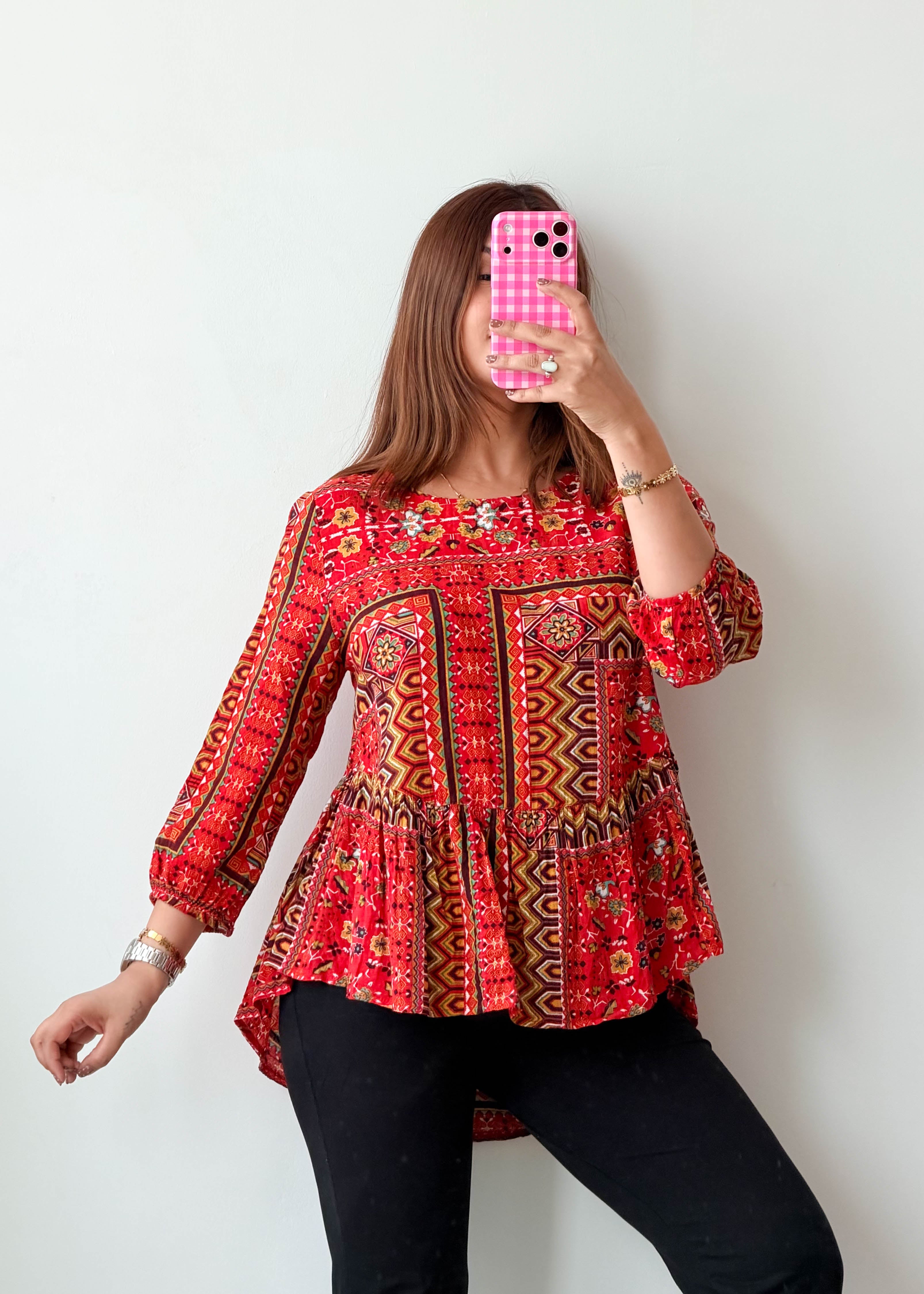 Size M-L Red Boho Print Peplum Tunic Top