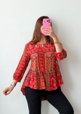 Size M-L Red Boho Print Peplum Tunic Top