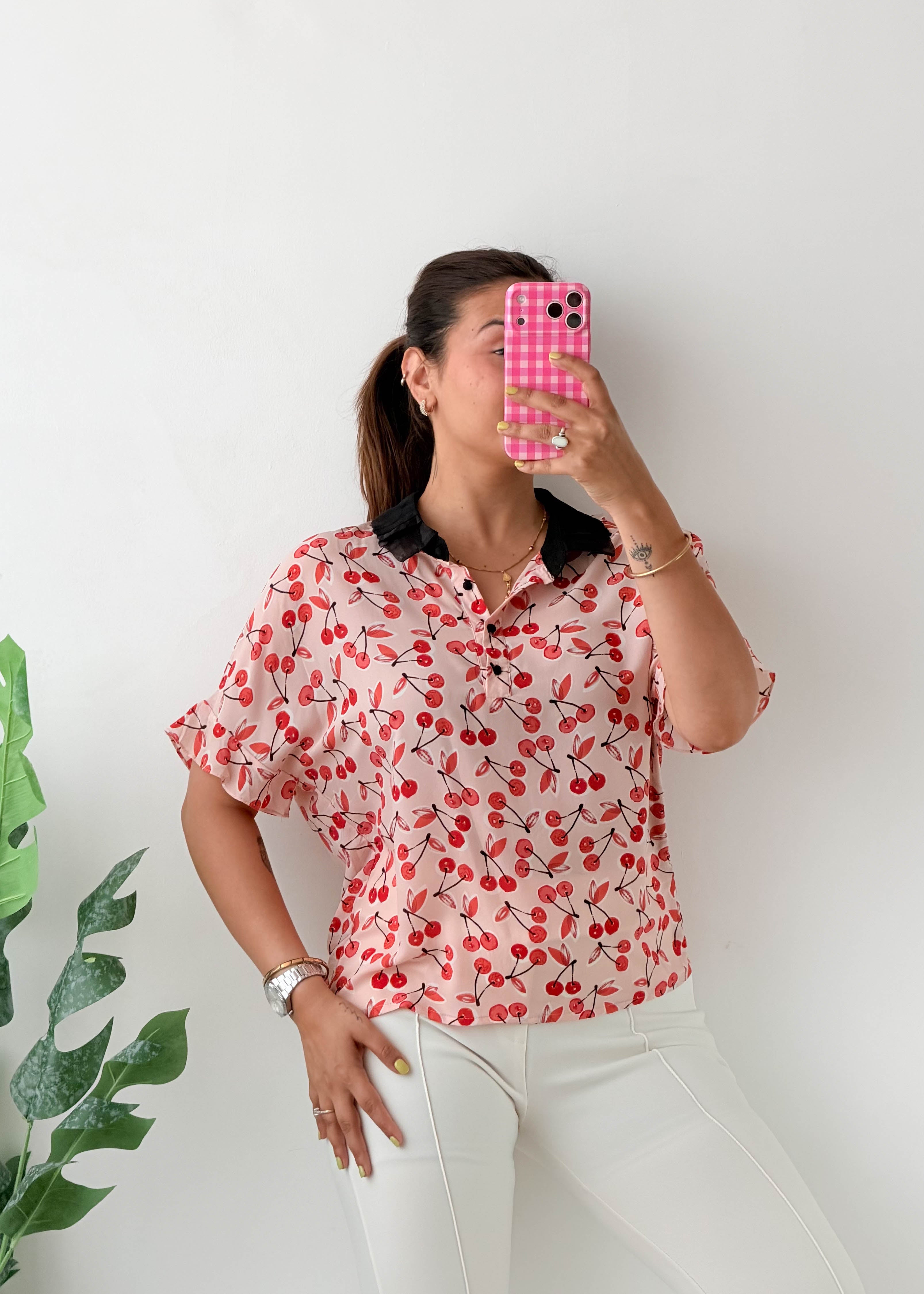 Size S-M Pink Cherry Print Shirt