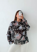 Size XS-S Black Floral Sheer Blouse