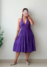 Size L-XL Purple Tiered Halter Midi Dress