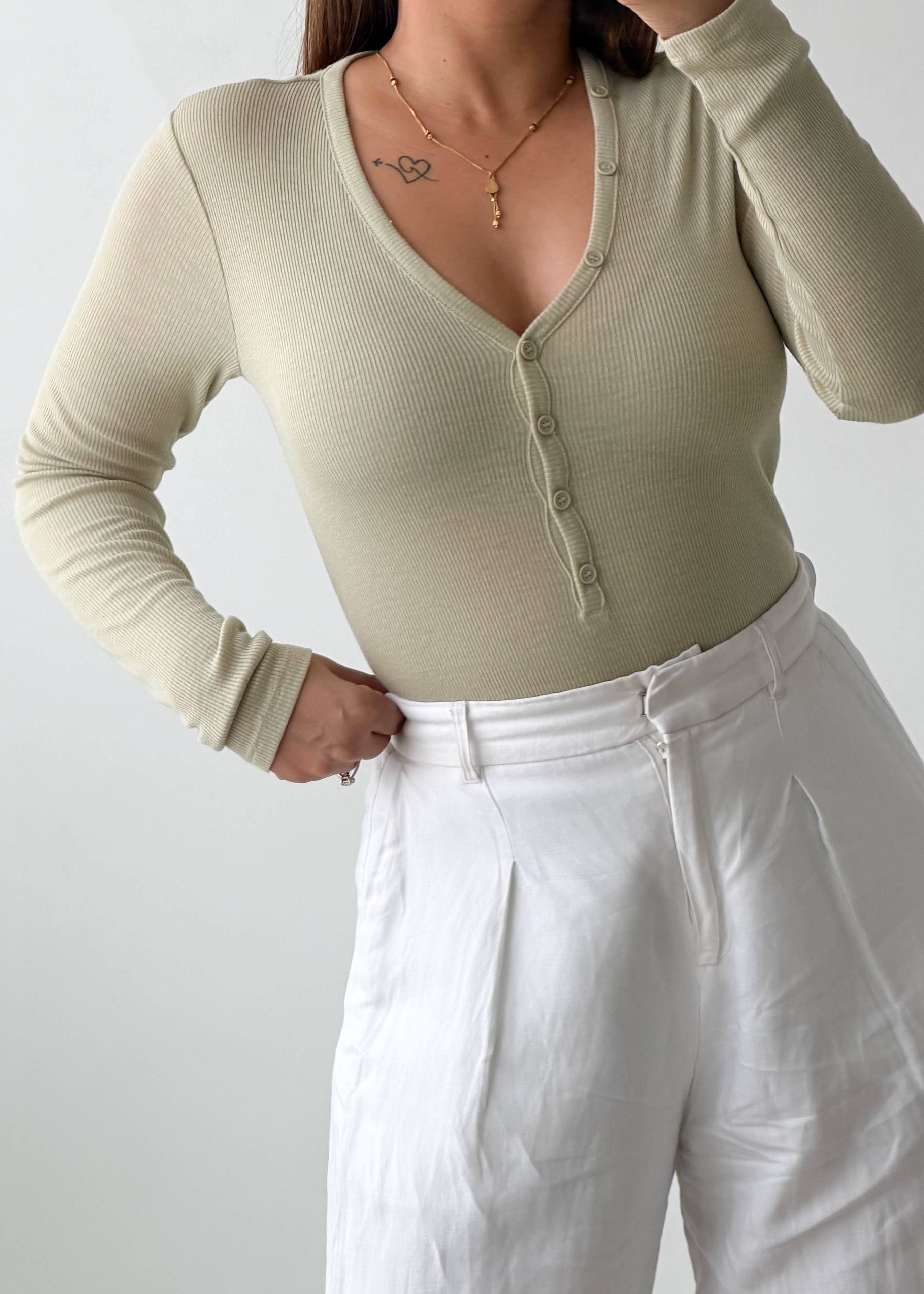 Size M-L Sage Henley Ribbed Bodysuit