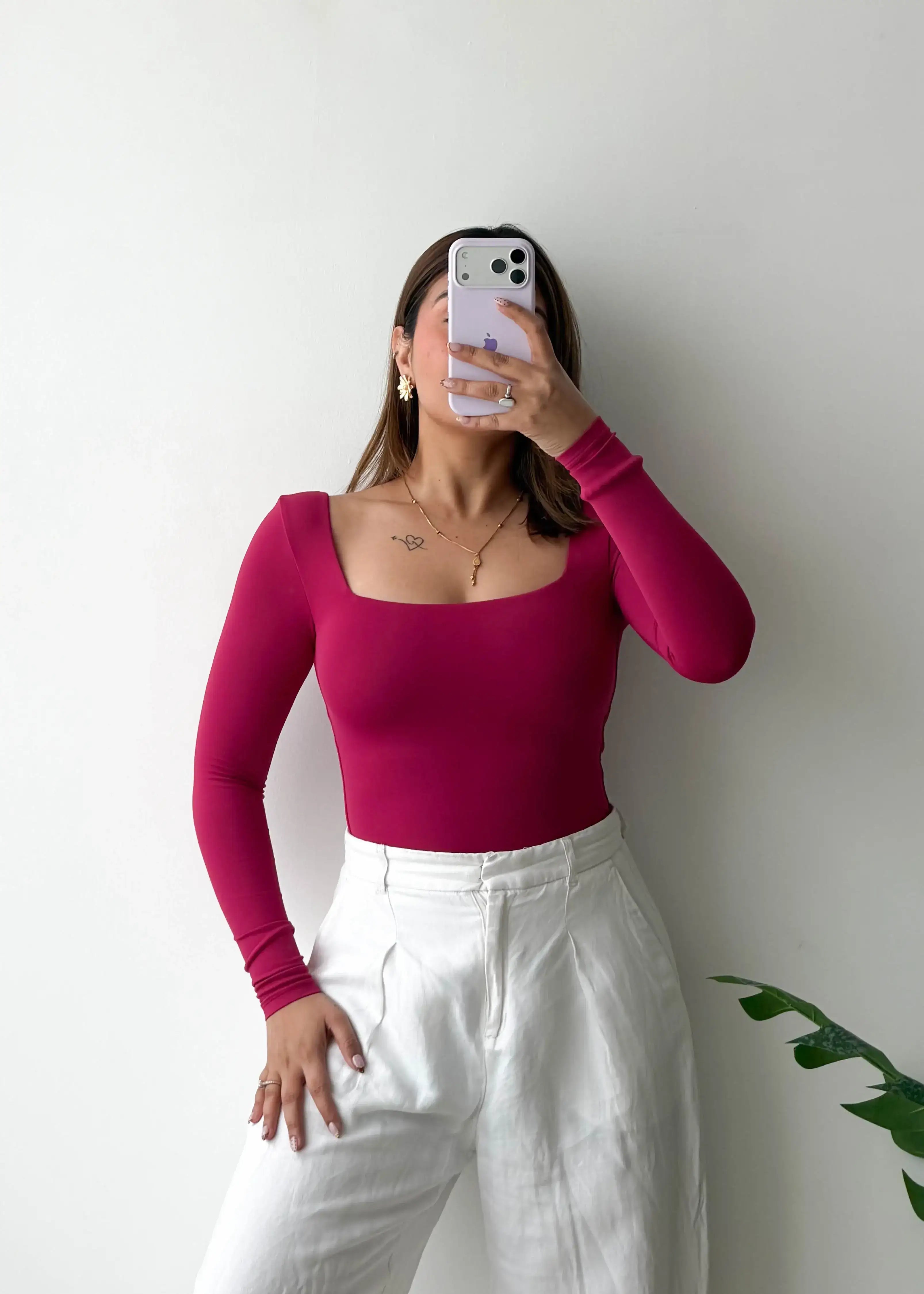 Size XS, Magenta Square Neck Bodysuit