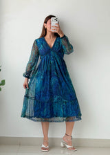 Size S-M Blue Paisley Printed Midi Dress