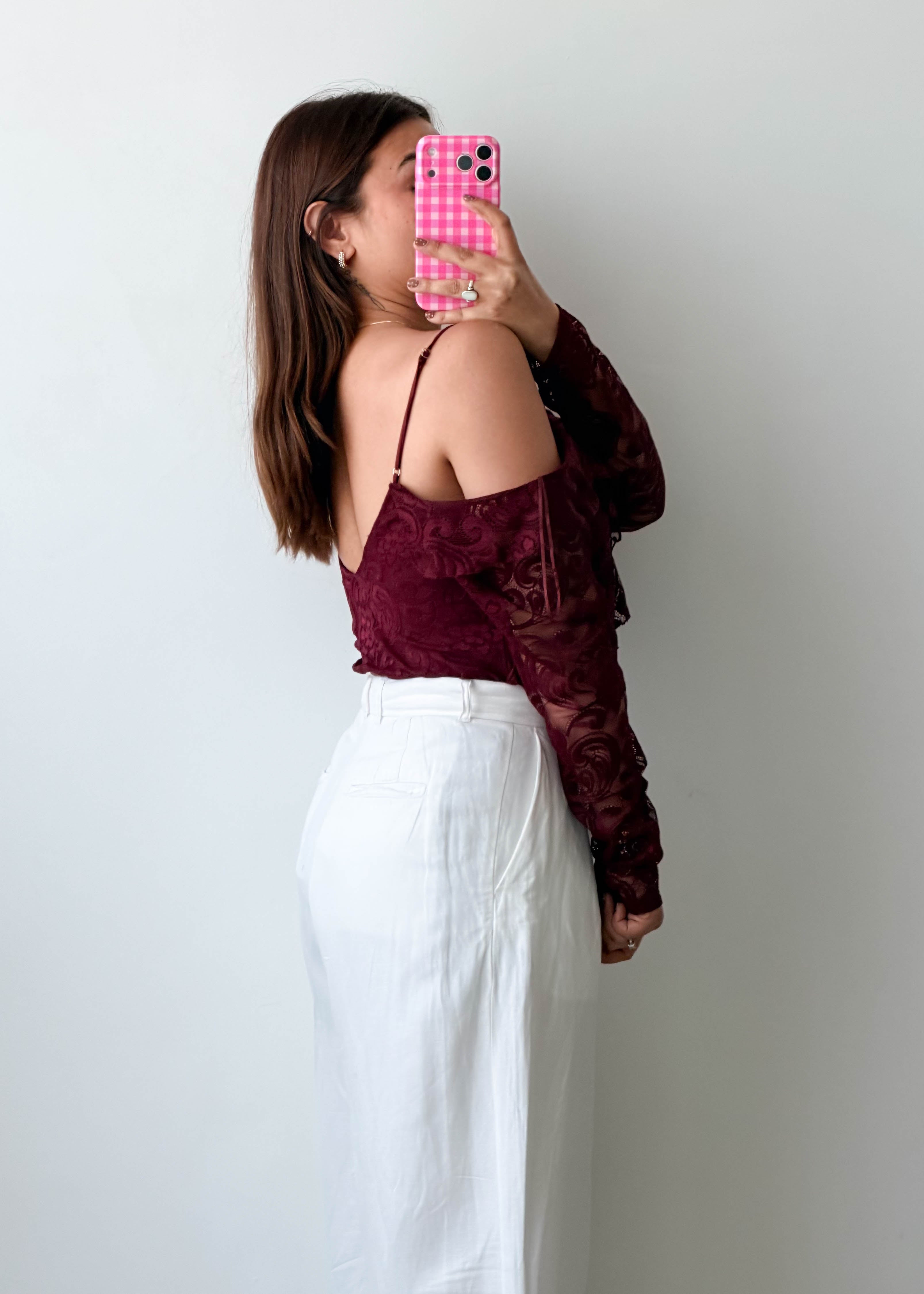 Size M-L Burgundy Lace Ruffle Bodysuit