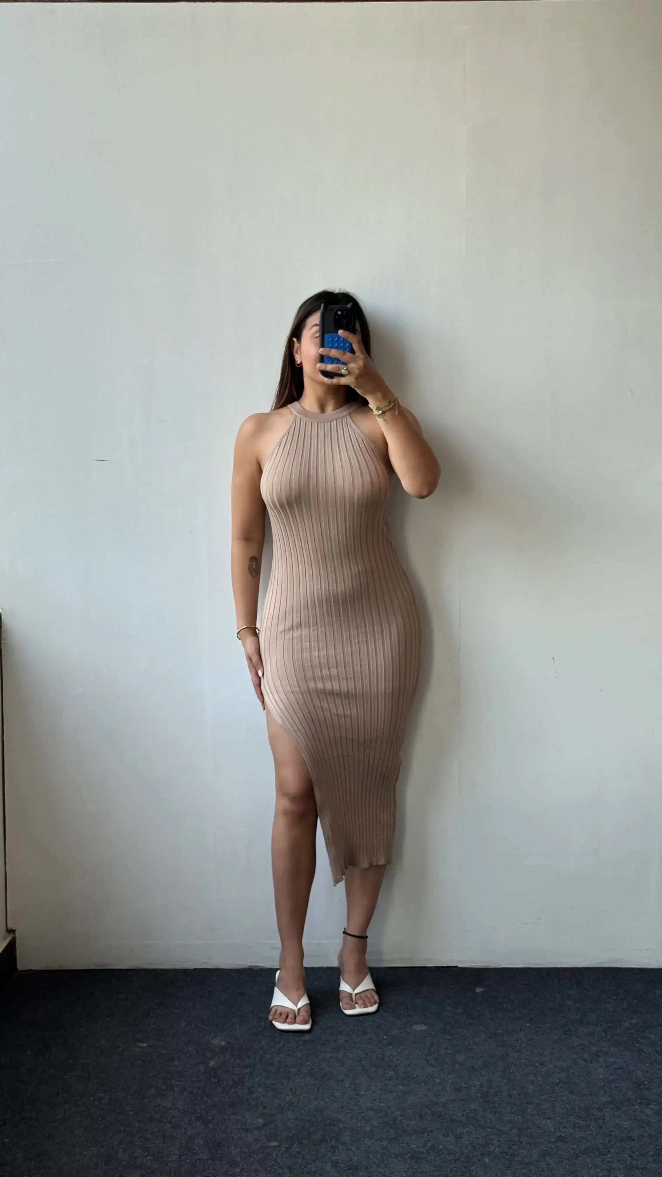 Size S-M, Taupe Halter Neck Ribbed Midi Dress