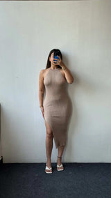 Size S-M, Taupe Halter Neck Ribbed Midi Dress