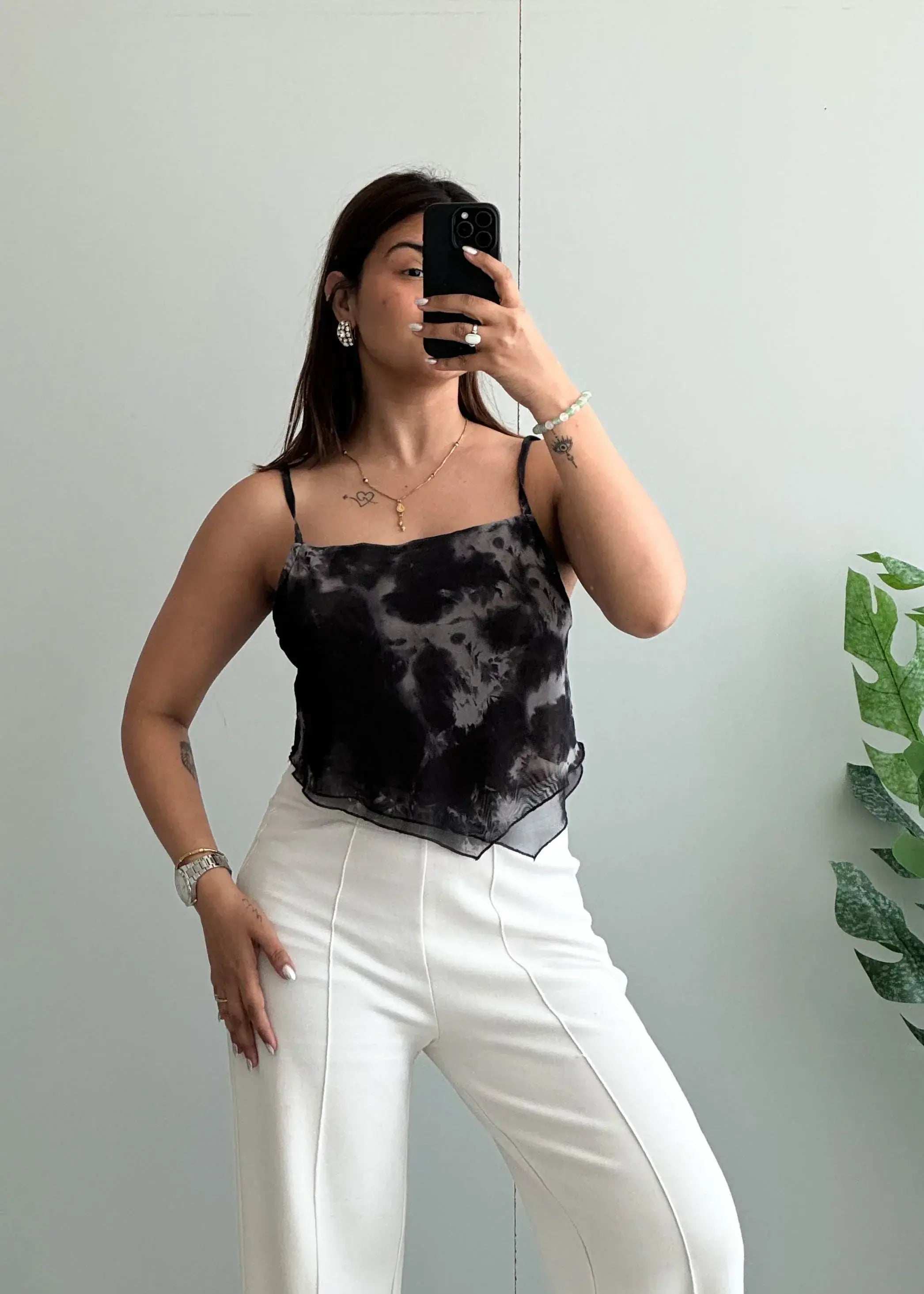 Size M-L, Black Tie Dye Asymmetrical Cami Top for Women - Closet by Payal