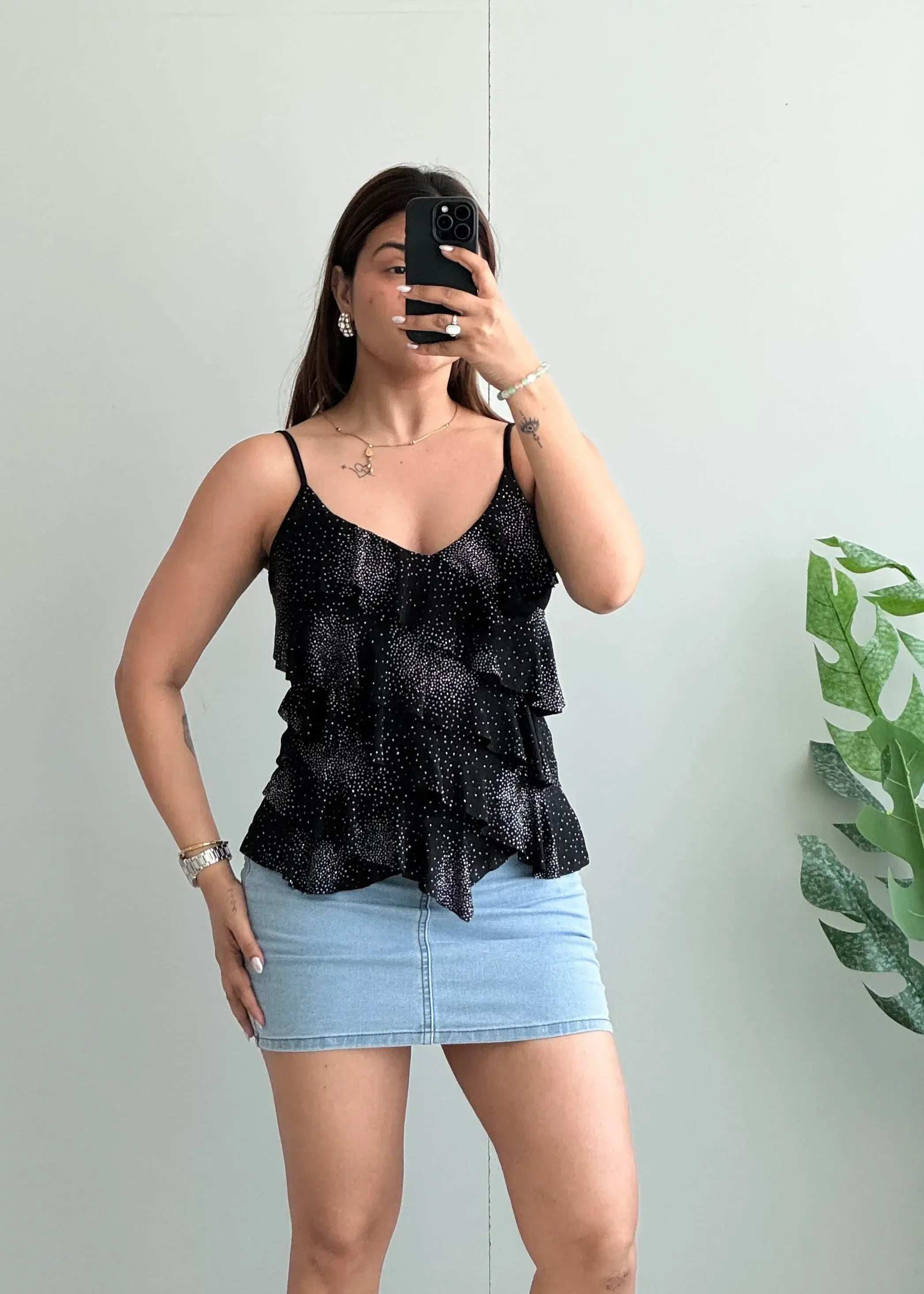 Size XS-S, Black Spaghetti Strap Ruffle Top - Closet by Payal