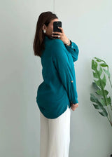 Size S-M, Teal Cotton Gauze Button Down Shirt for Women - Closet by Payal