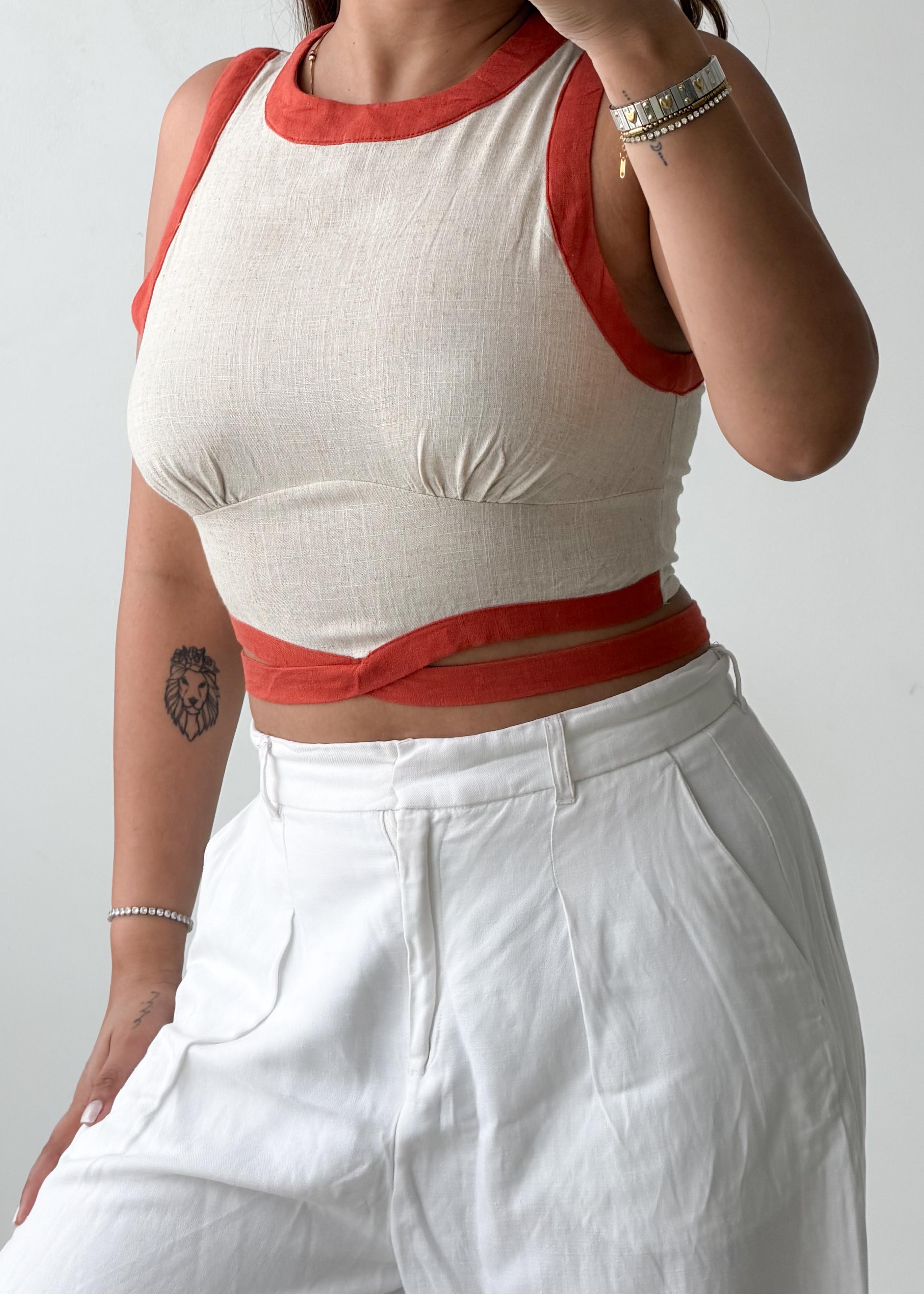Size S Beige & Rust Wrap Crop Top