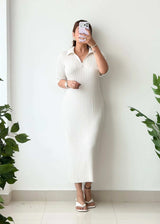 Size L-XL, White Collared Ribbed Maxi Dress - Closet by Payal