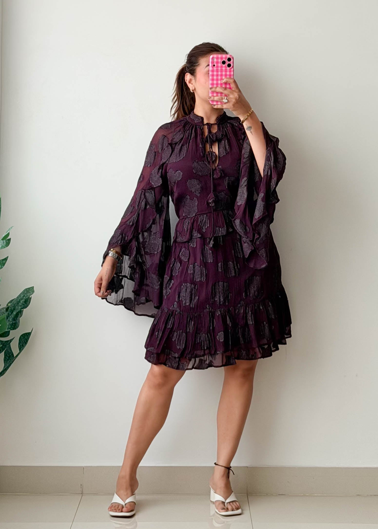 Size L-XL Plum Ruffle Sleeve Tiered Mini Dress