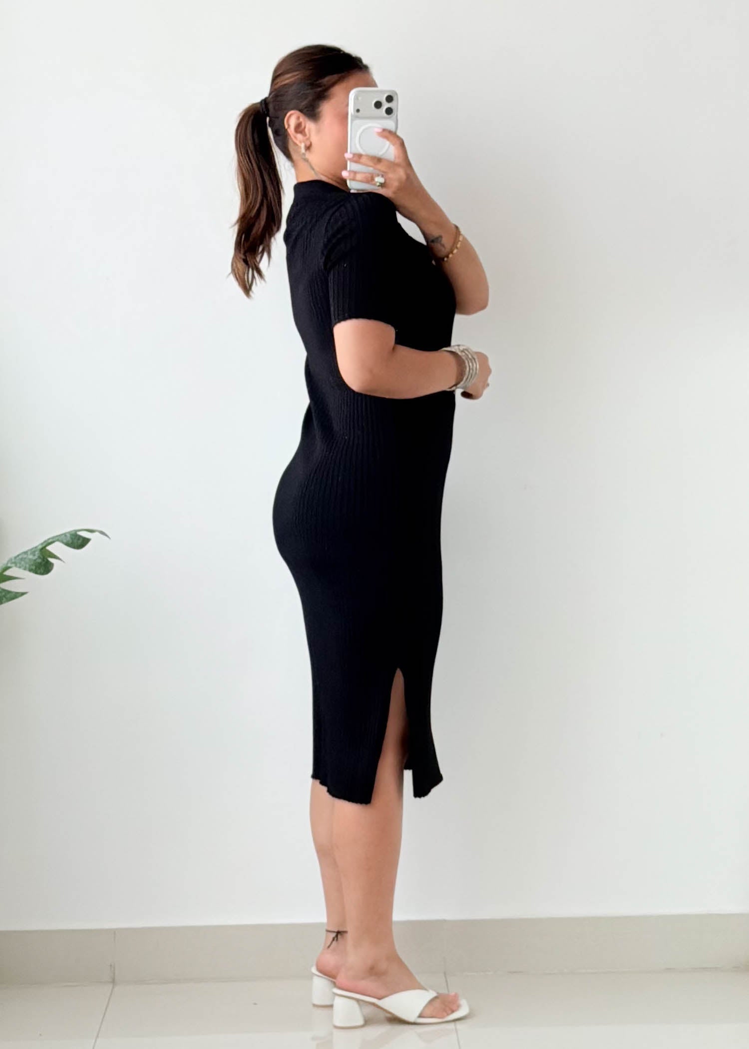 Size M-L Black Polo Ribbed Midi Dress