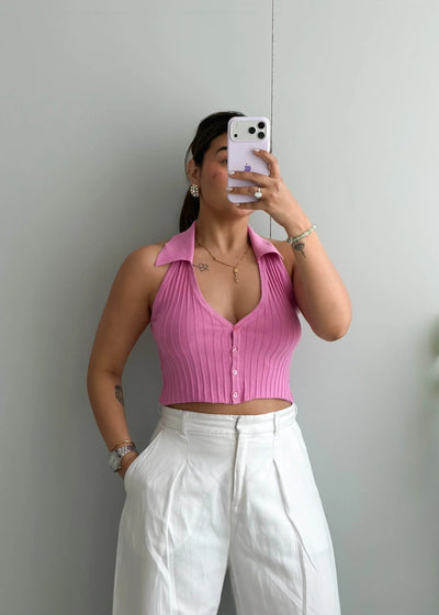 Size S-M, Pink Collared Ribbed Crop Top - Closet by Payal