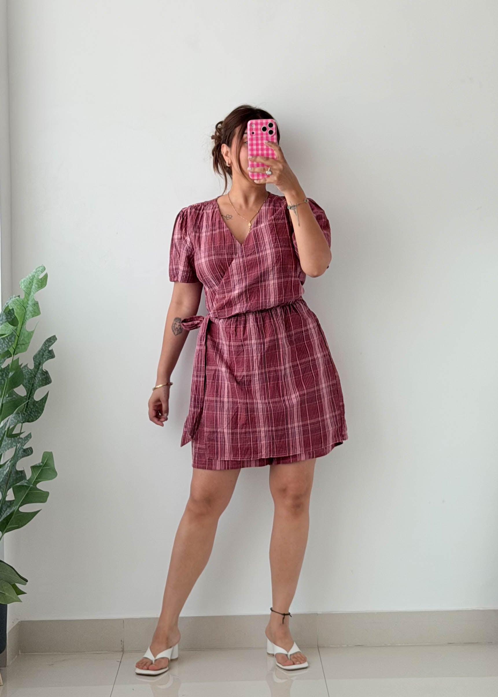 Size M-L Mauve Plaid Wrap Dress