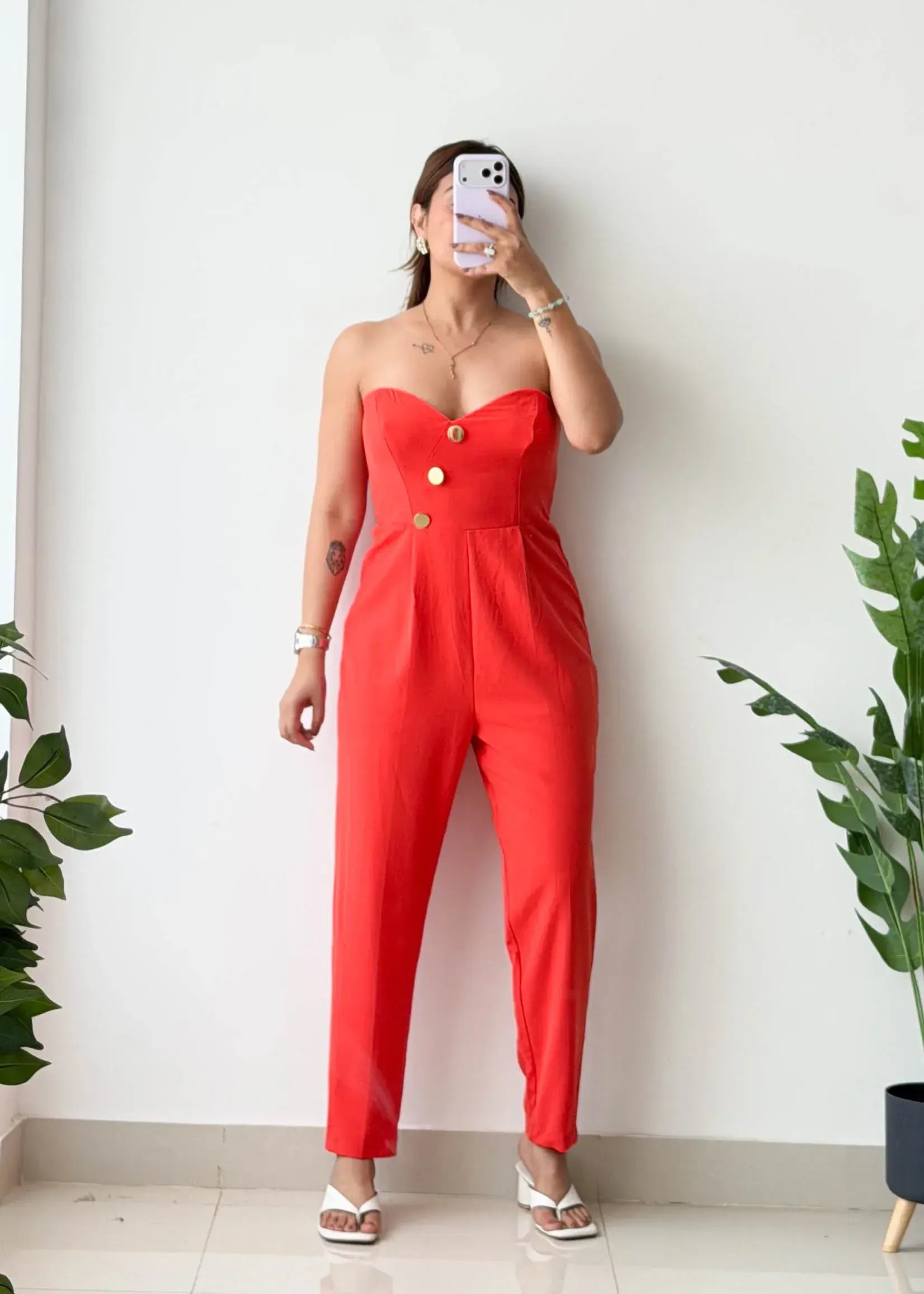 Size M-L, Red Strapless Jumpsuit - Closet by Payal