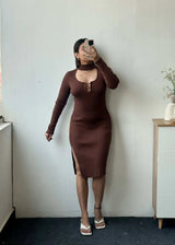 Size M-L, Brown Cut-Out Ribbed Midi Dress
