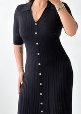Size M-L Black Ribbed Button-Front Knit Maxi Dress