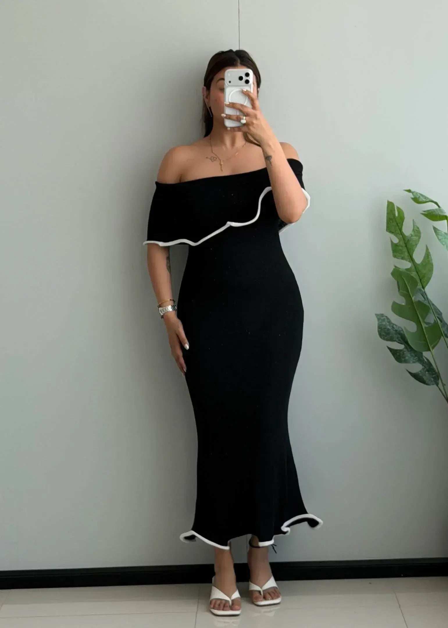 SIZE S-M, Black Off-Shoulder Ruffle Trim Maxi Dress - Closet by Payal