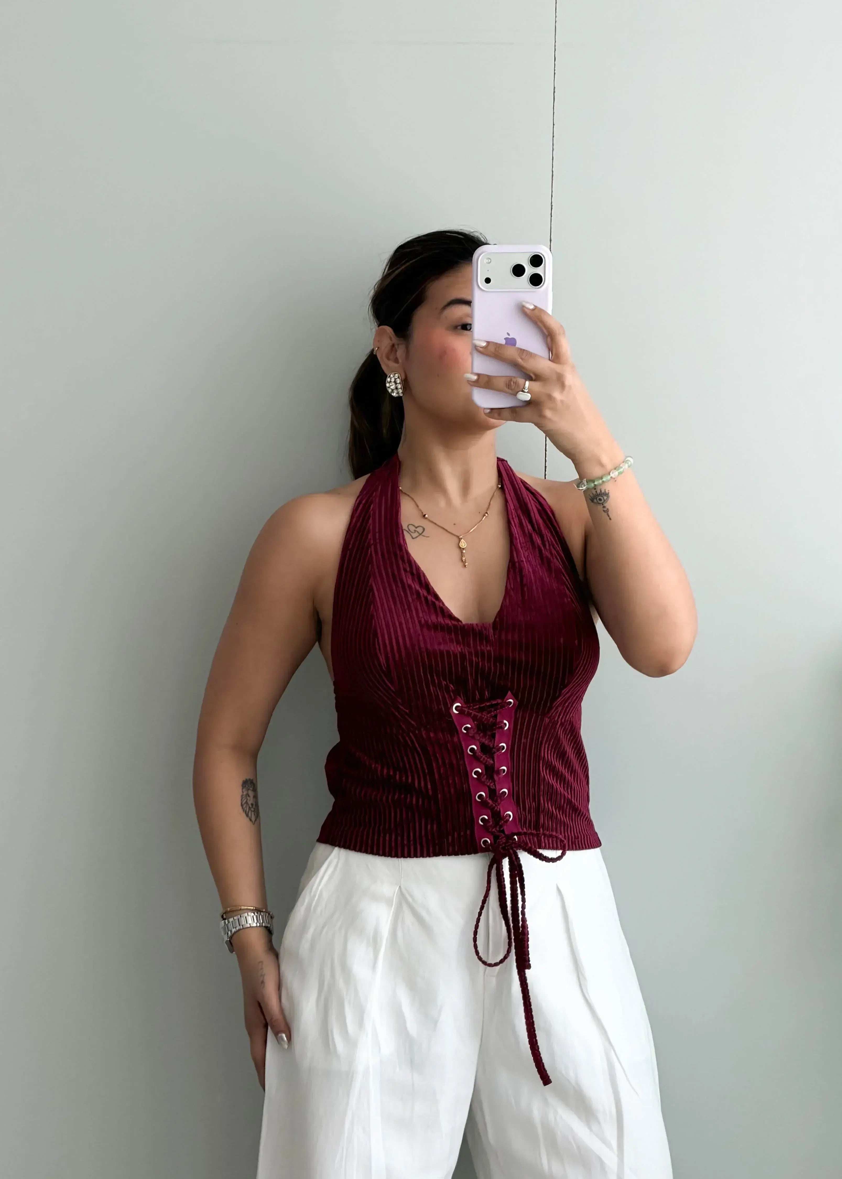 Size M-L, Burgundy Lace-Up Halter Ribbed Top - Closet by Payal