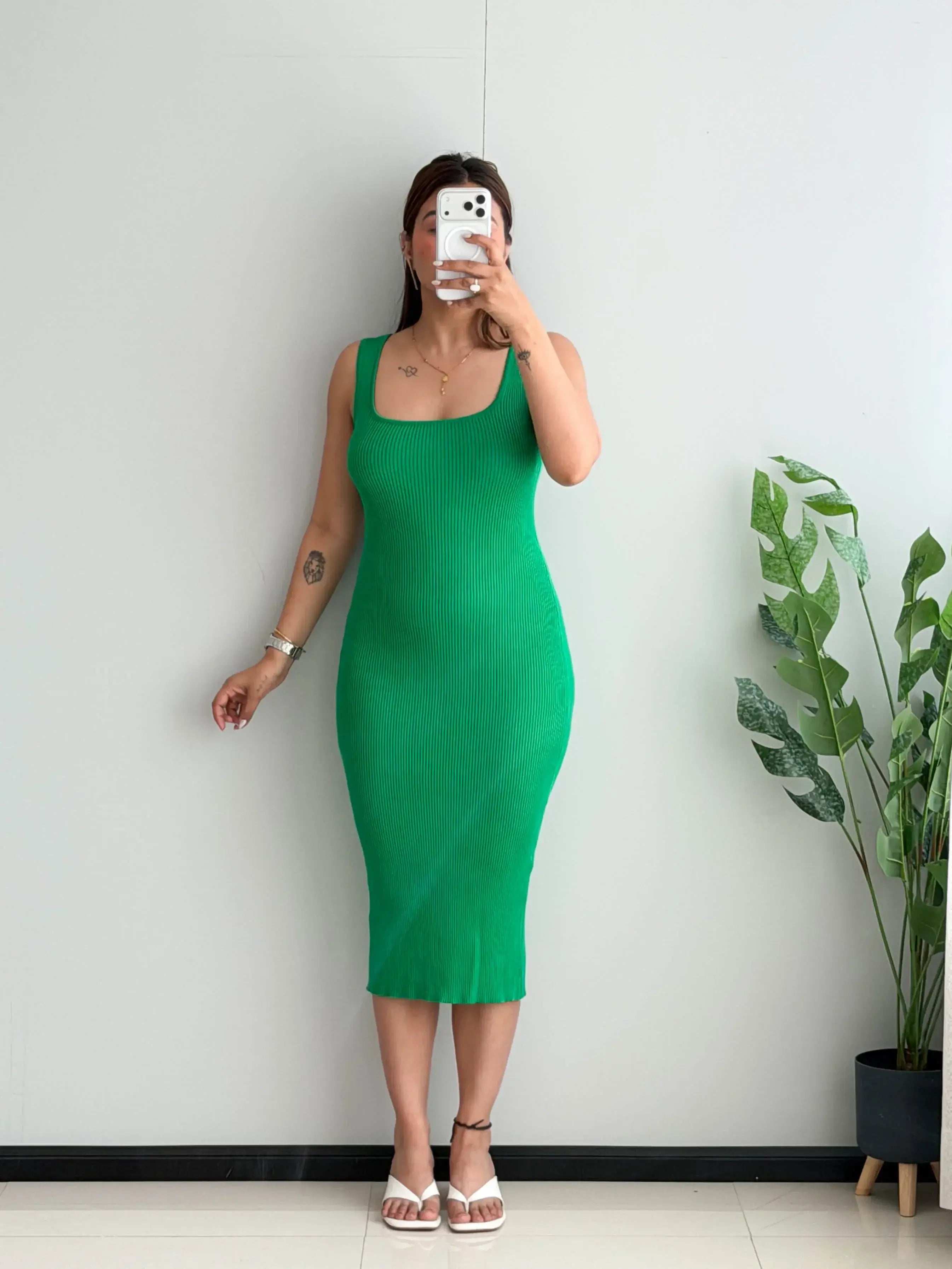 SIZE S-M, Green Ribbed Bodycon Midi Dress – Sleeveless Slim Fit - Closet by Payal