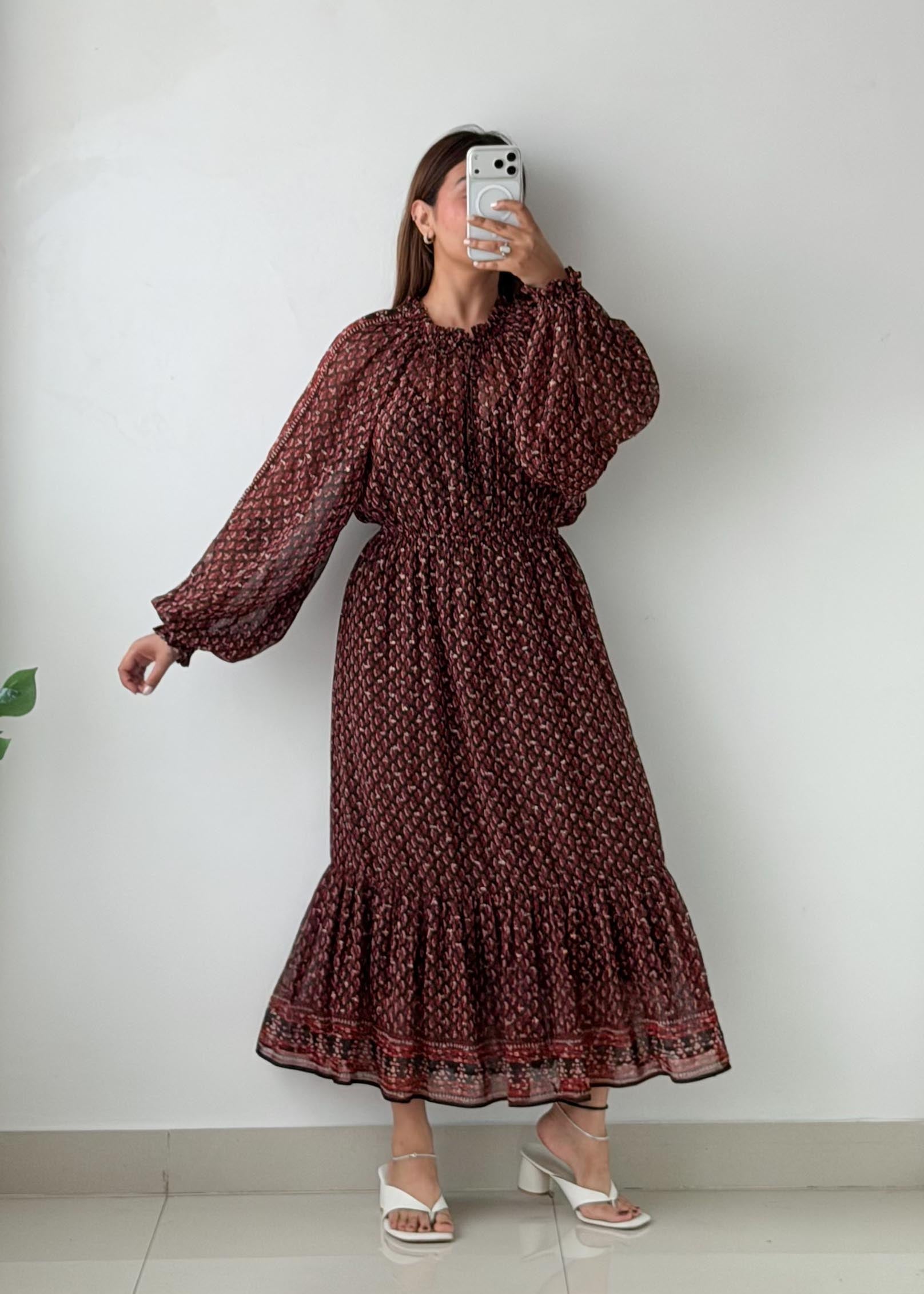 Size S-M Burgundy Printed Tiered Maxi Dress