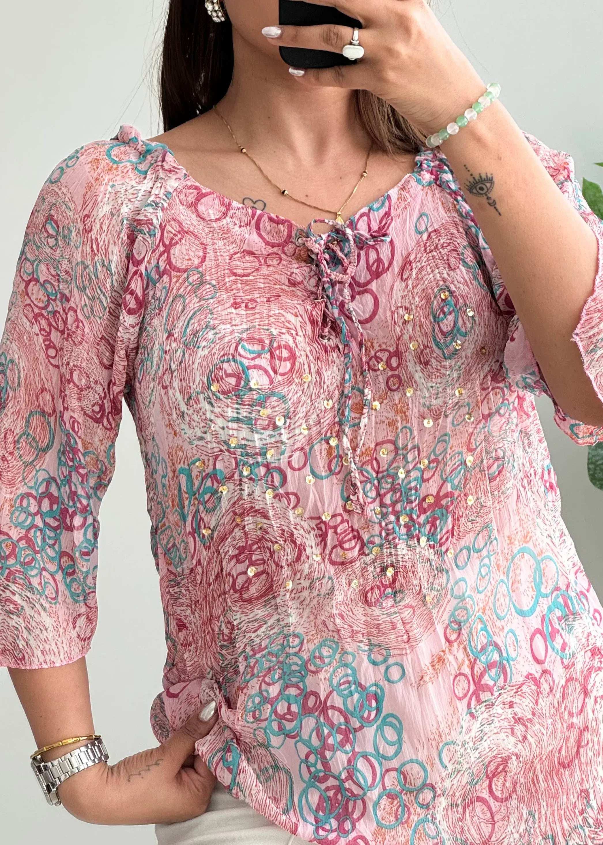 Size M-L, Printed Pink Mesh Top - Closet by Payal
