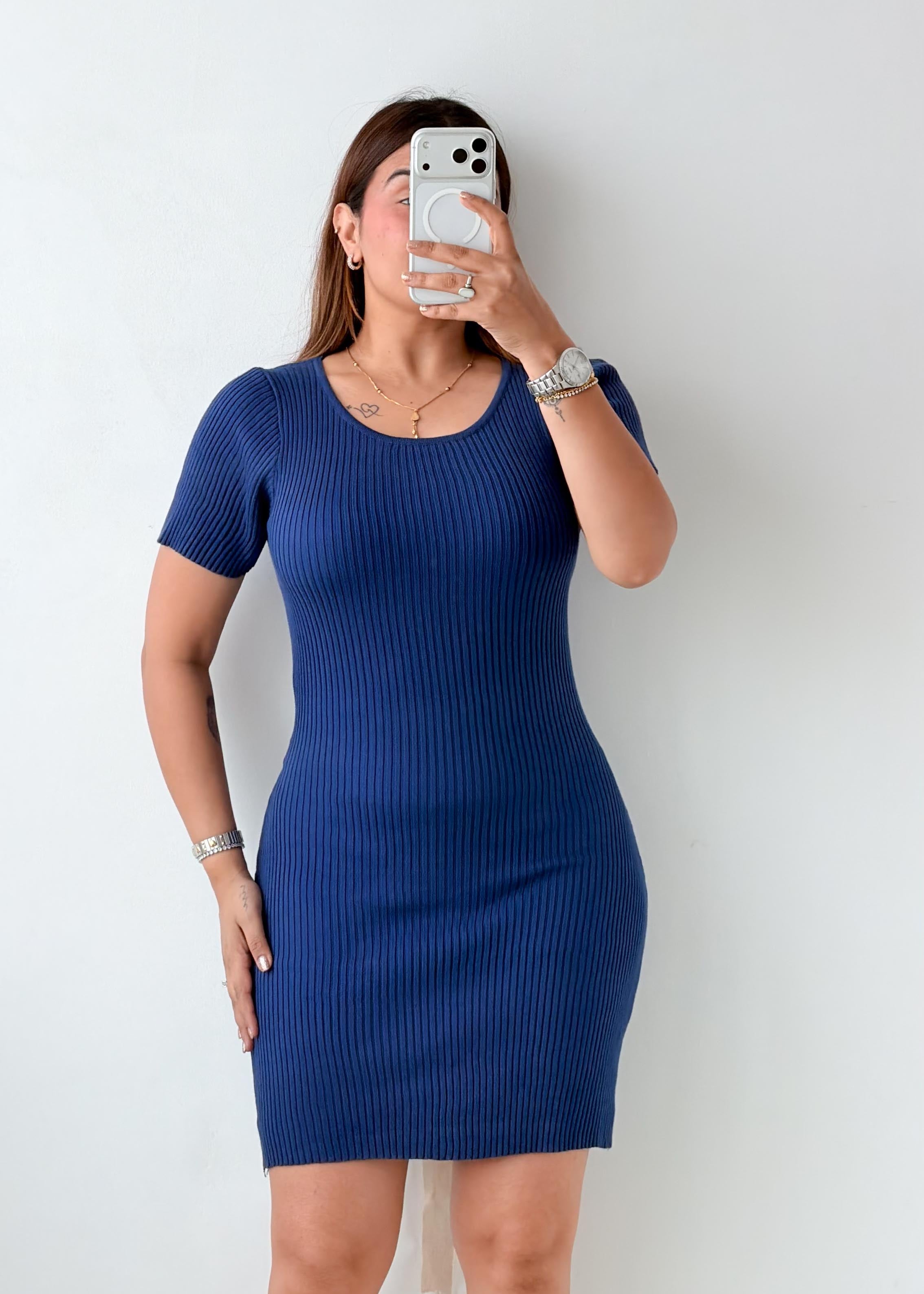 Size M-L Royal Blue Ribbed Knit Mini Dress