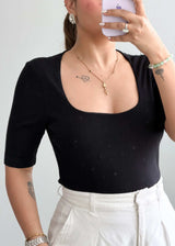 Size M-L, Black Half Sleeve Fitted Top - Closet by Payal