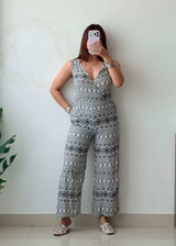 Size XS-S Black & White Cotton Printed Jumpsuit