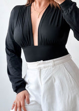 Size S-M Black Plunge Long Sleeve Bodysuit