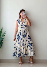 Size M-L White & Blue Leaf Print Tiered Dress
