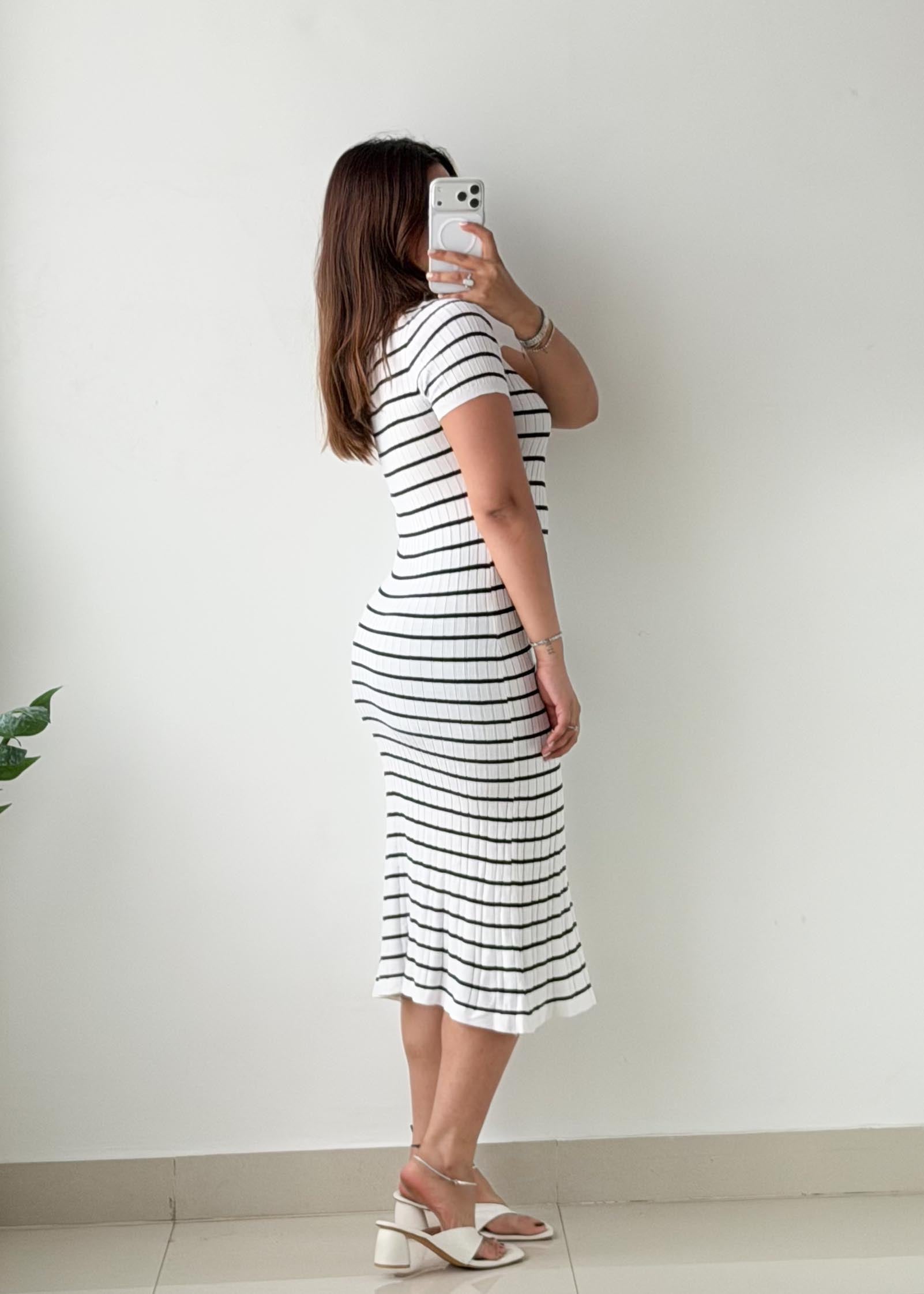Size S-M White & Black Striped Ribbed Knit Midi Dress