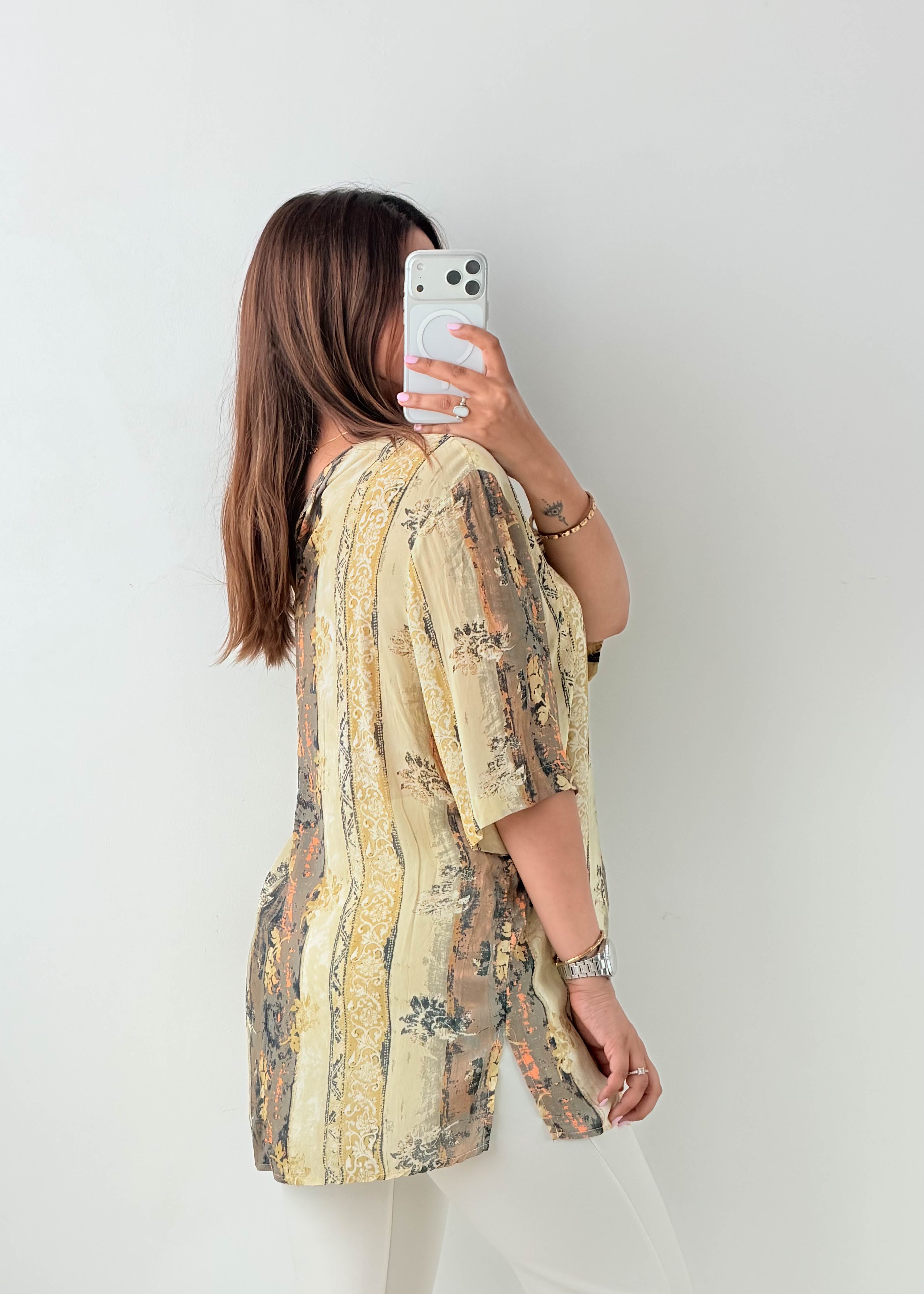 Size M Beige Abstract Print Tunic Top