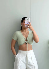 Size XS-S, Sage Tie Front Ribbed Crop Top - Closet by Payal