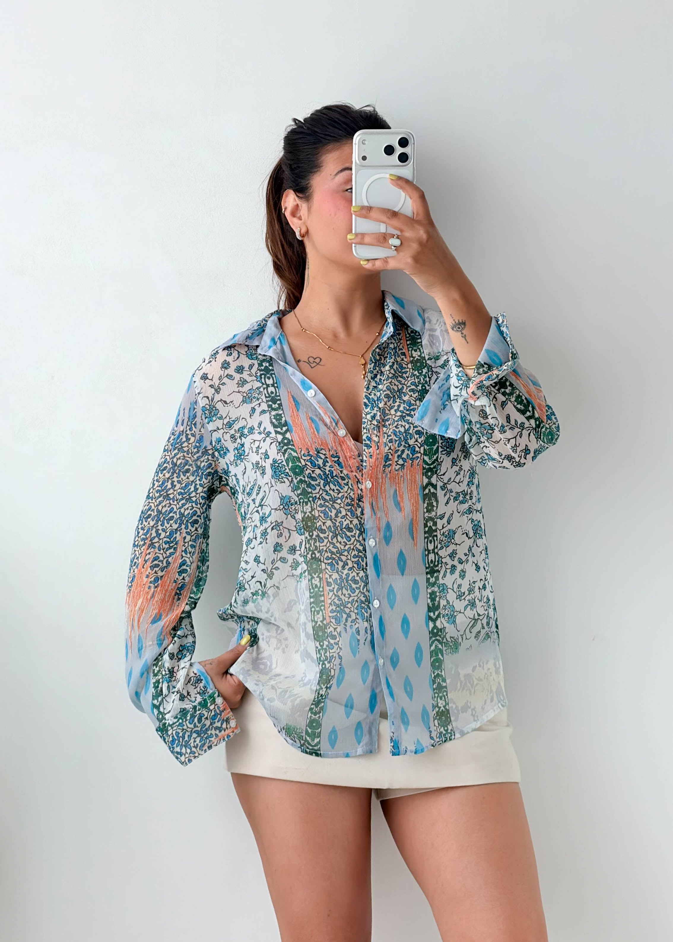Size S-M Blue Mixed Print Tie-Neck Shirt