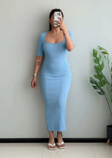 SIZE S-M, Baby Blue Ribbed Square Neck Midi Dress - Closet by Payal