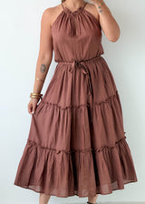 Size M-L Mocha Tiered Halter Midi Dress