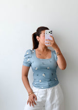 Size S-M Blue Floral Puff Sleeve Top