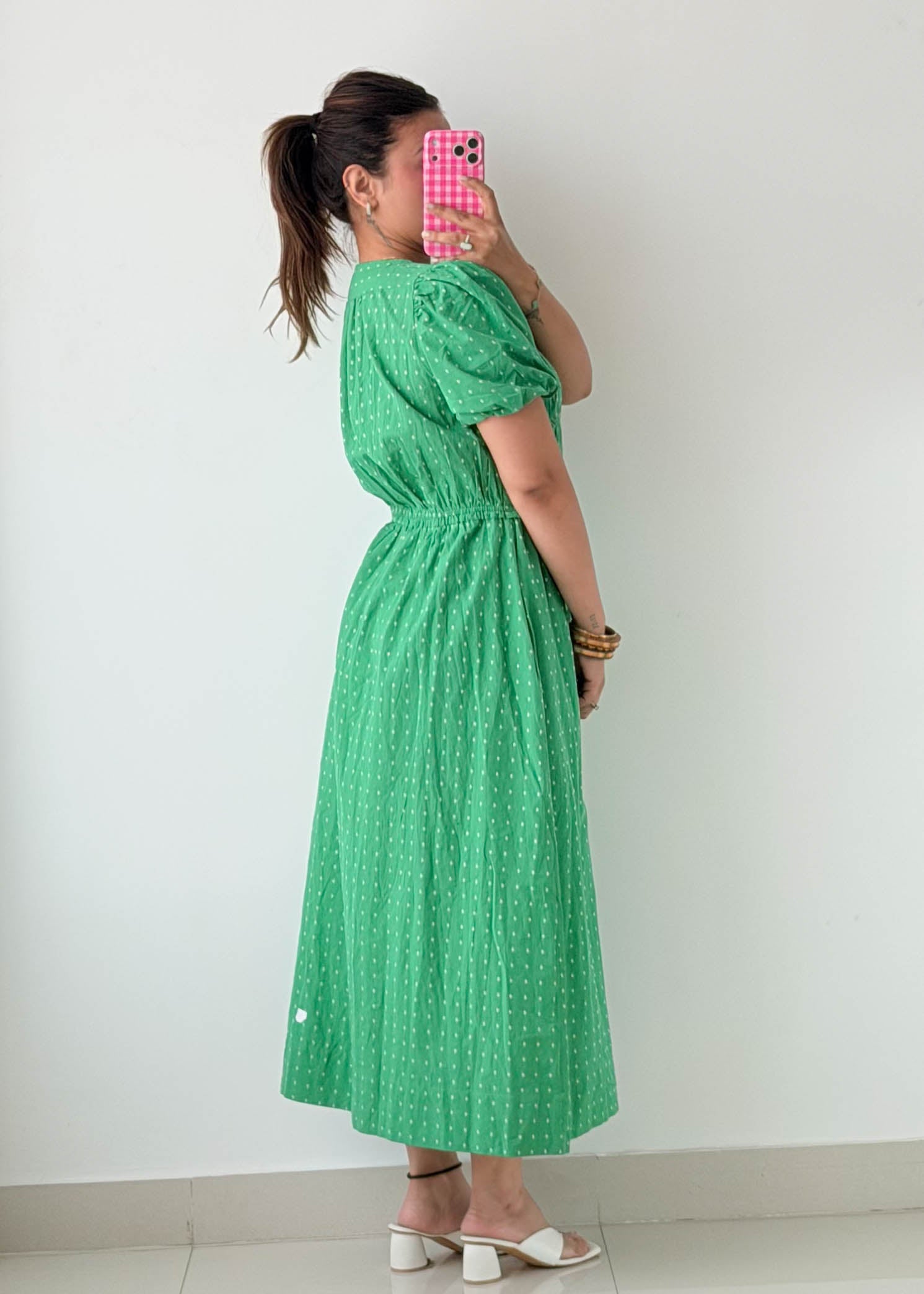 Size M-L Green Swiss Dot Midi Dress