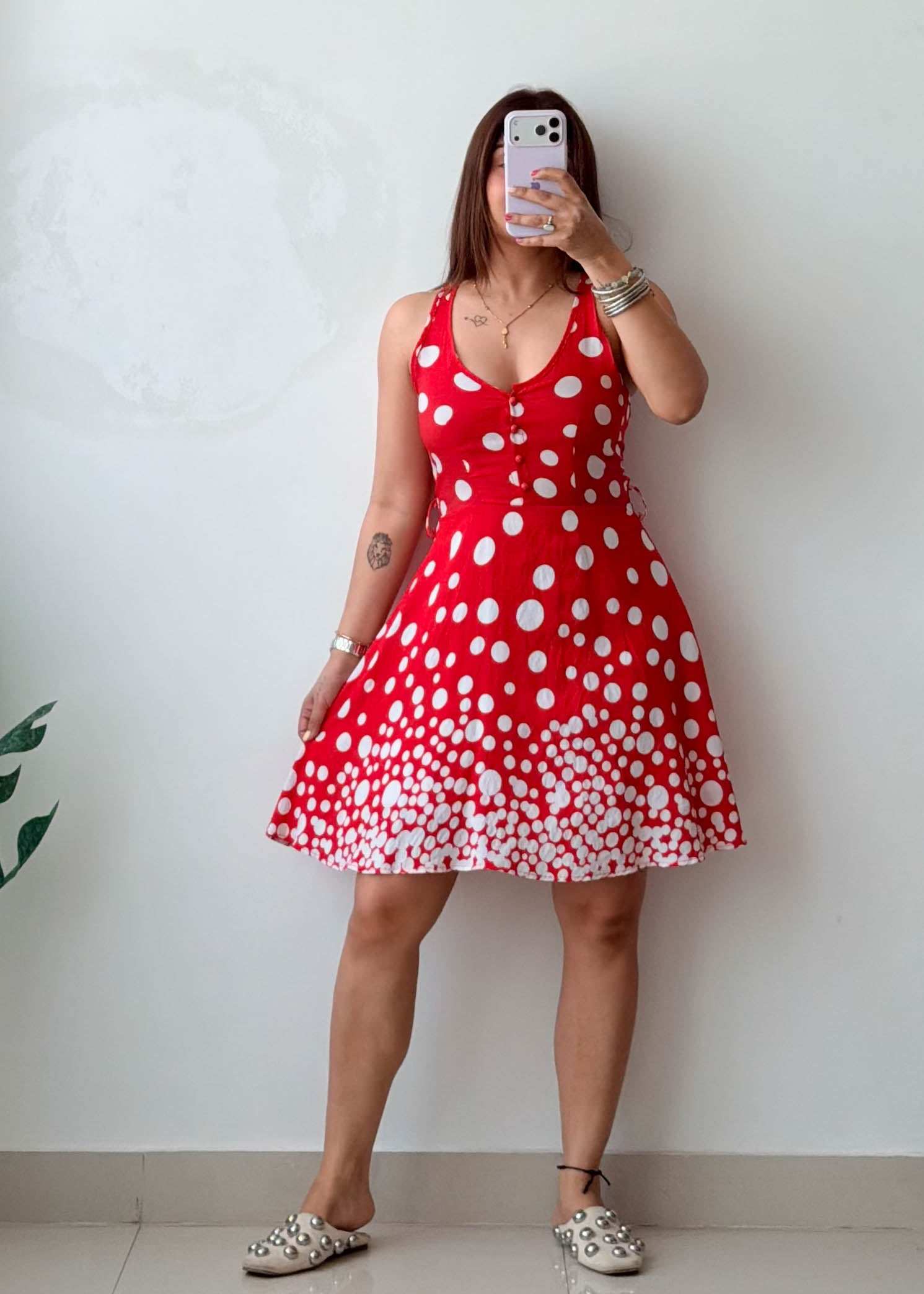 Size XS-S Cotton Red Polka Dot Mini Dress