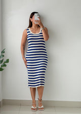 Size M-L Blue & White Striped Ribbed Midi Dress