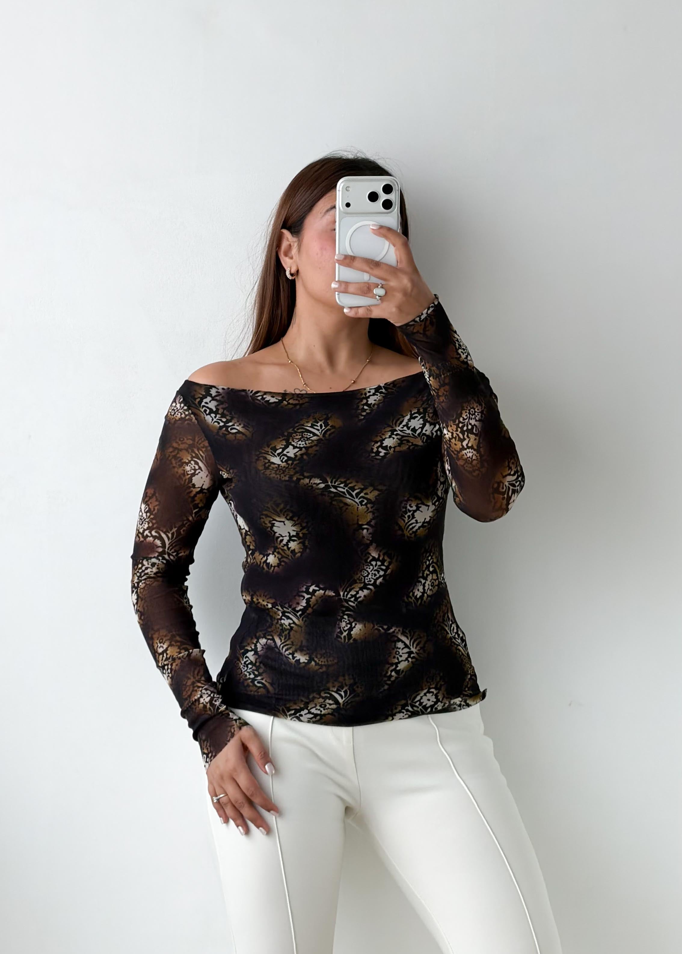 Size S-M Brown Printed Off-Shoulder Mesh Top