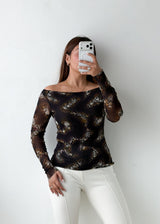 Size S-M Brown Printed Off-Shoulder Mesh Top