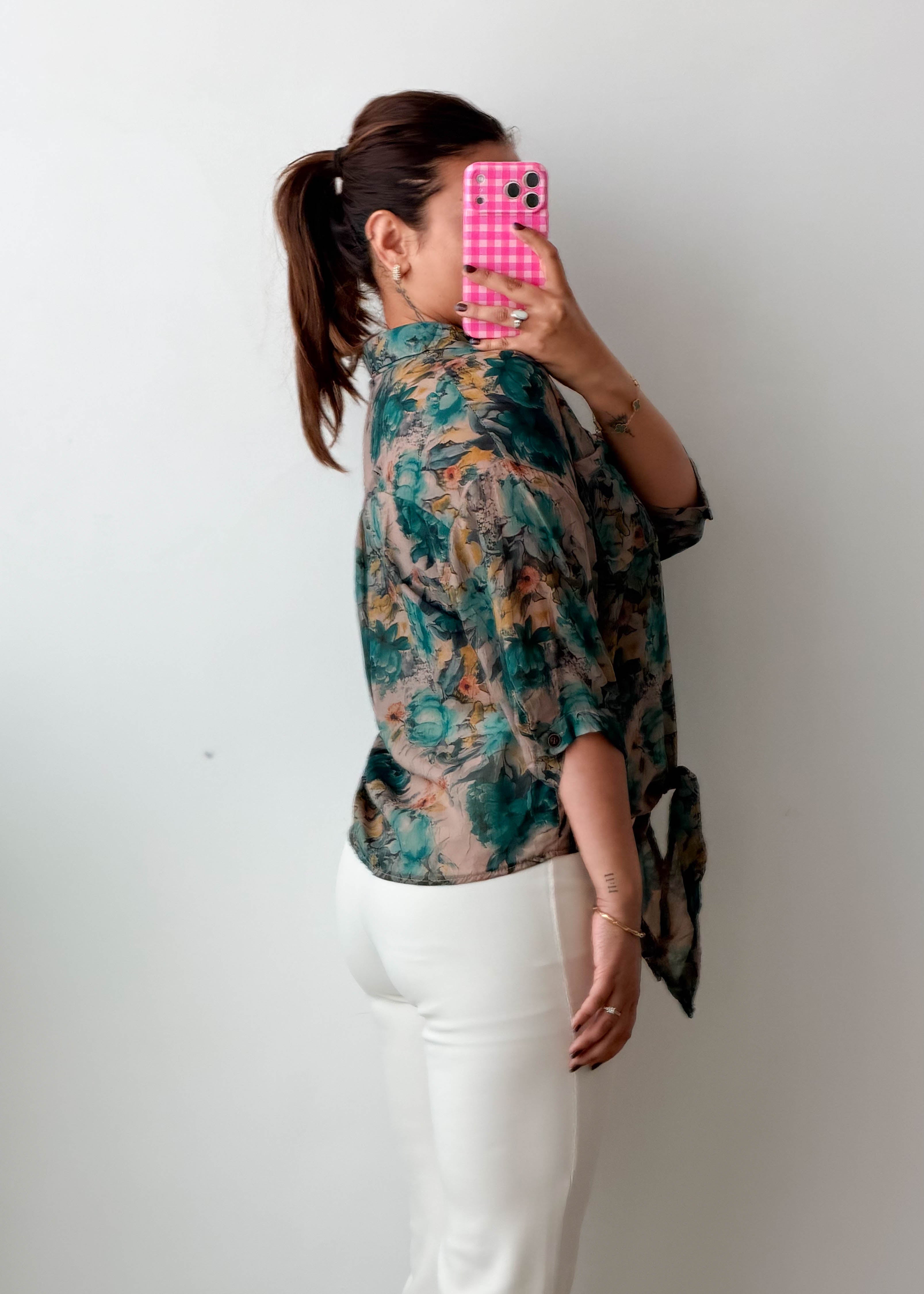 Size S-M Teal Floral Tie-Front Chiffon Shirt