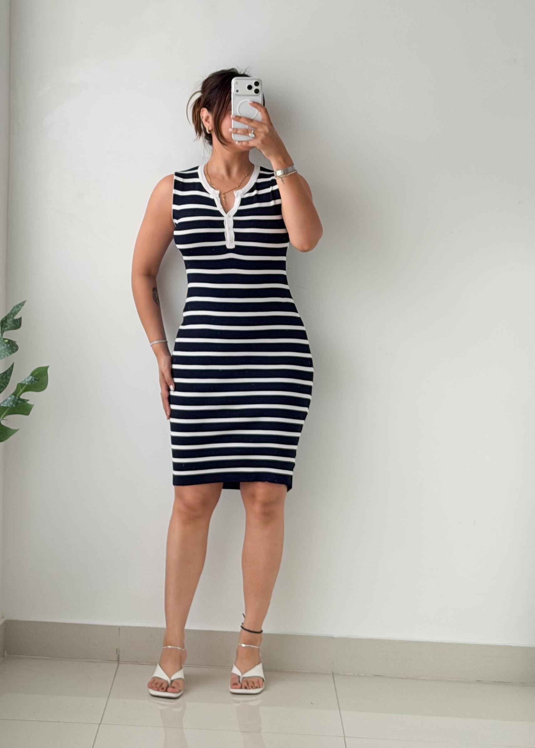 Size S-M Navy & White Striped Ribbed Mini Dress
