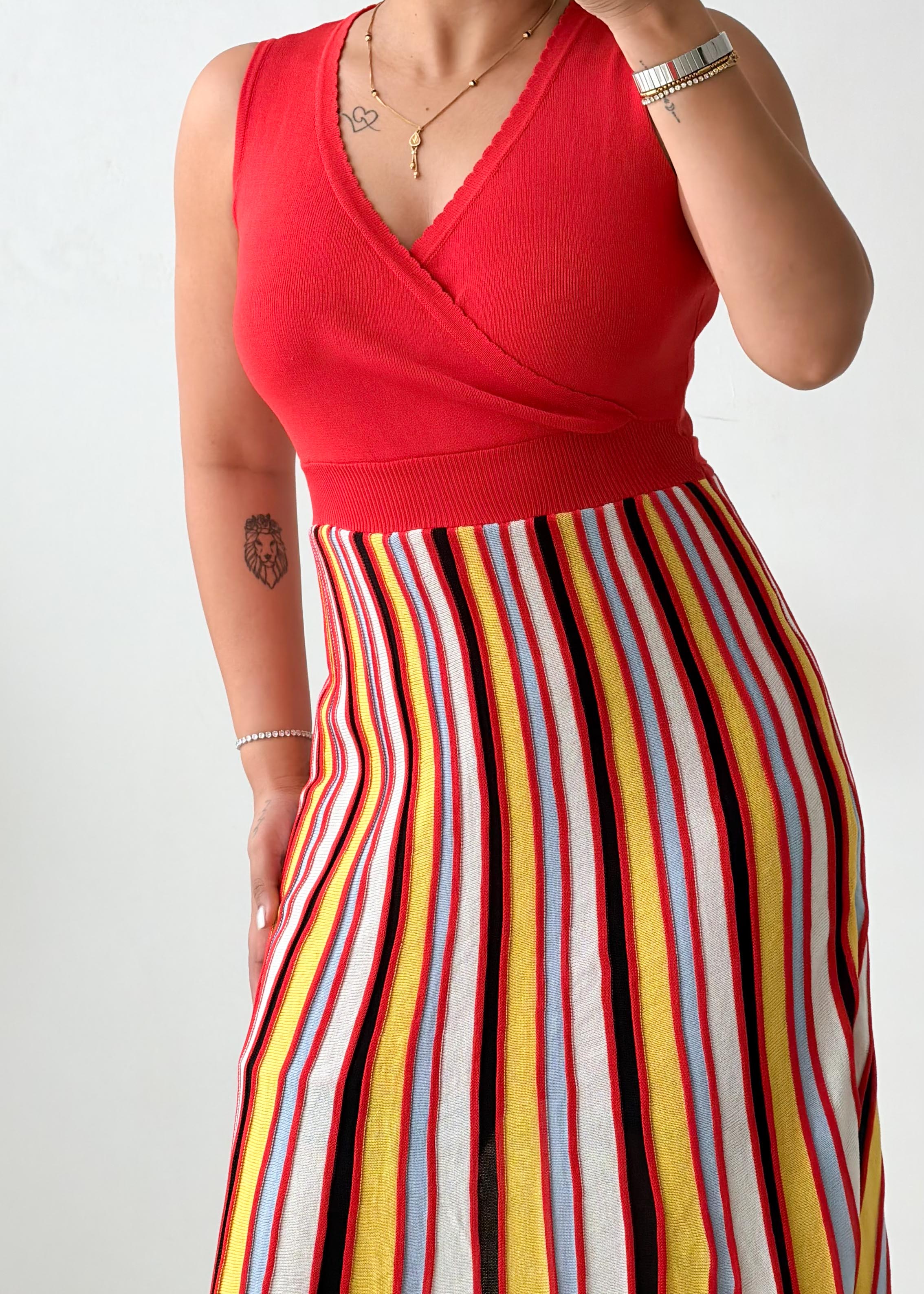 Size XS-S Red Multicolor Striped Knit Maxi Dress